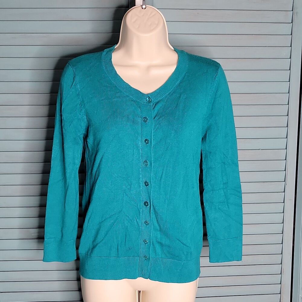 Nue Options Thin Button Down Sweater ~ Sz S ~ Teal ~ Long Sleeve
